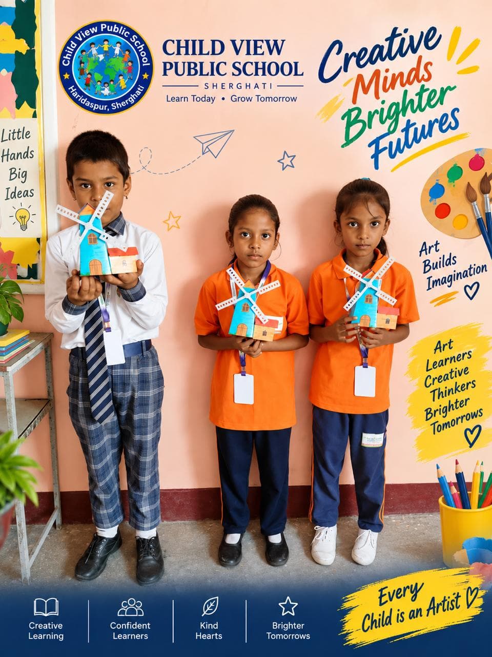 Primary students holding the paper windmill models they built in an art and craft class.