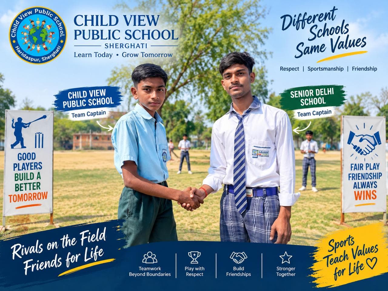 Senior team captains shaking hands before an inter-school cricket match.