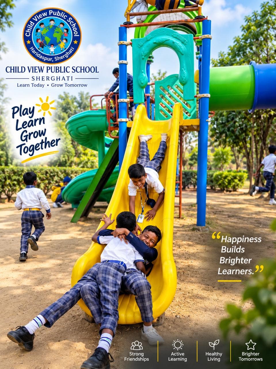 Young children laughing together on the playground slide at Child View Public School.