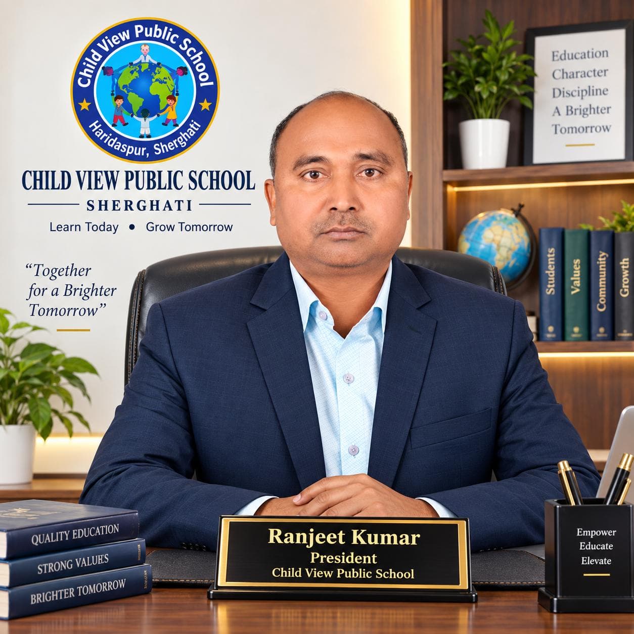 Ranjeet Kumar, President of Child View Public School, at his desk.