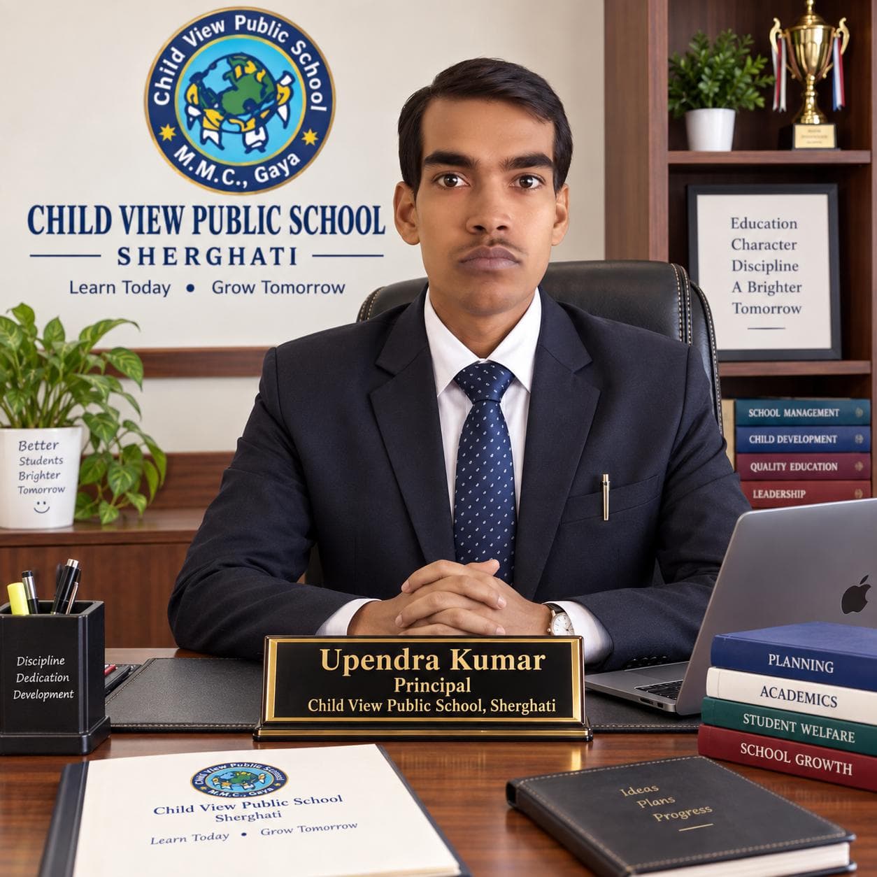 Upendra Kumar, Principal of Child View Public School, at his desk.