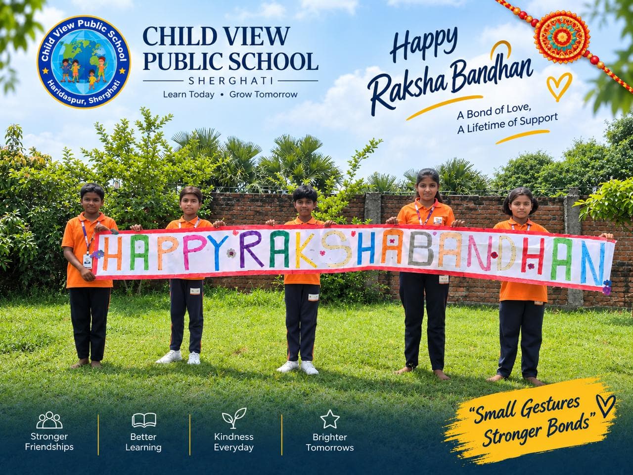 Five students holding a hand-painted Happy Raksha Bandhan banner on the school lawn.