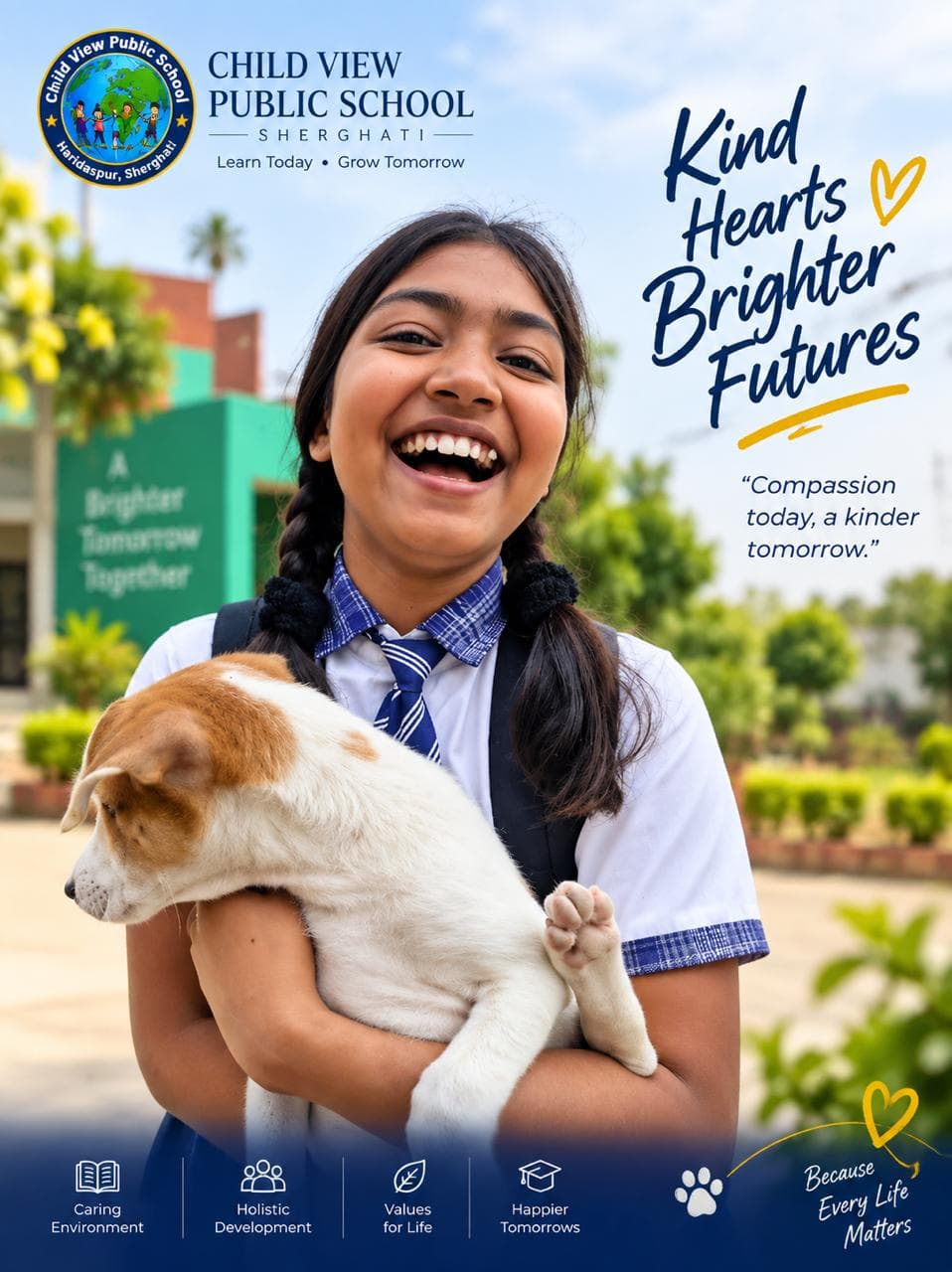 A student in school uniform smiling while carefully carrying a puppy on the school grounds.