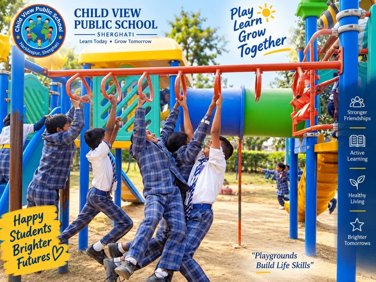 Students playing on the climbing frame and monkey bars in the school grounds.