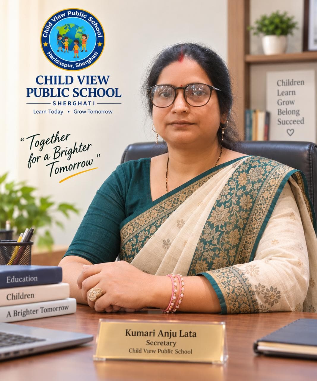 Kumari Anju Lata, Secretary of Child View Public School, at her desk.