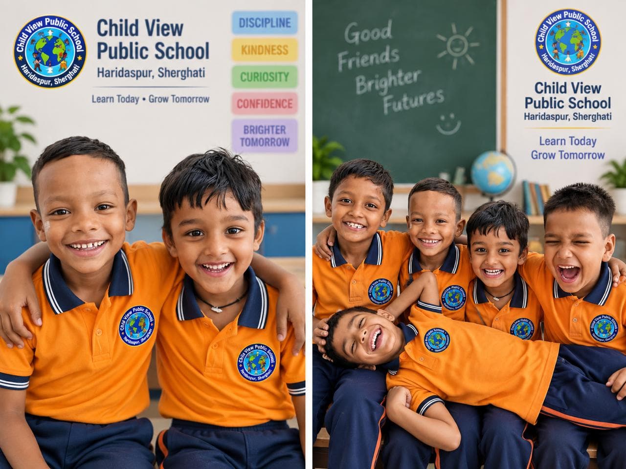 Smiling Child View Public School students in orange and navy uniform in their classroom.